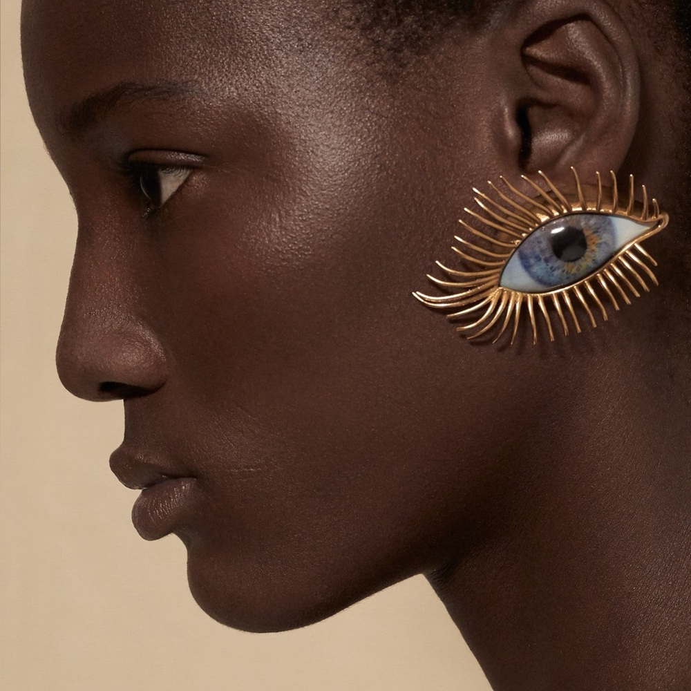 Vintage Surrealist Eyelash Eye Statement Earrings Gold Tone & Blue